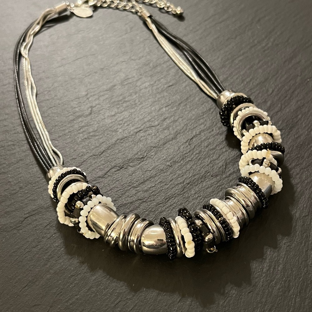 Chico’s Black Faux Leather Braided Silver Tone Multi Strand Beaded Cord Necklace